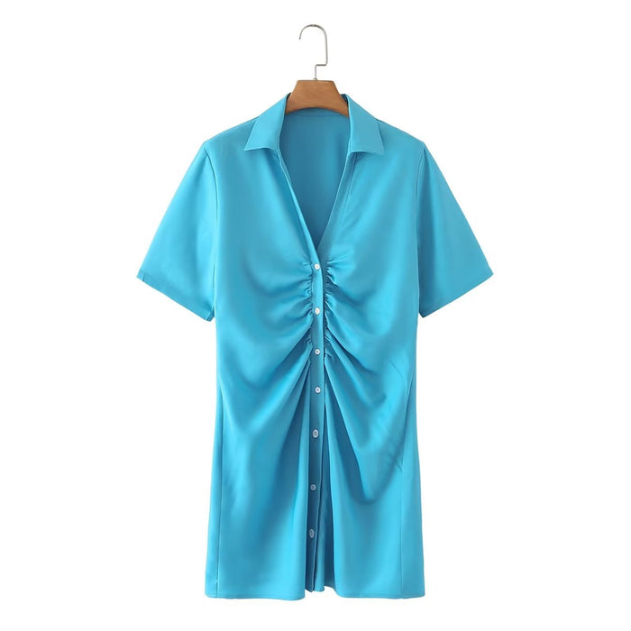 Color-Blue-Women Clothing Pleated Decorative Silk Satin Textured Shirt Dress-Fancey Boutique