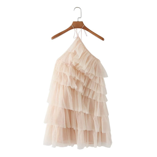Summer Mesh Niche Sleeveless Pleated Dress Women-Pink-Fancey Boutique