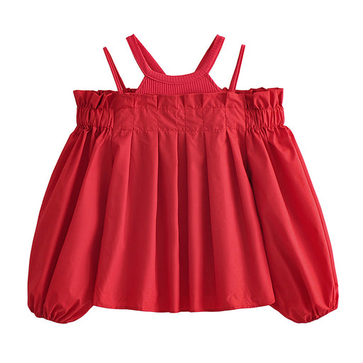 Women Summer Korean Solid Color Half Sleeve Ruffled off Shoulder Cotton Shirt Women Top-Red-Fancey Boutique