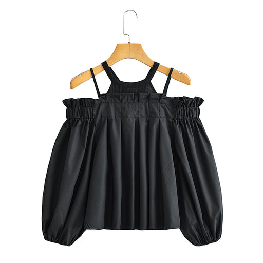 Women Summer Korean Solid Color Half Sleeve Ruffled off Shoulder Cotton Shirt Women Top-Black-Fancey Boutique