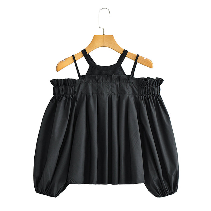 Women Summer Korean Solid Color Half Sleeve Ruffled off Shoulder Cotton Shirt Women Top-Black-Fancey Boutique