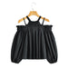 Women Summer Korean Solid Color Half Sleeve Ruffled off Shoulder Cotton Shirt Women Top-Black-Fancey Boutique