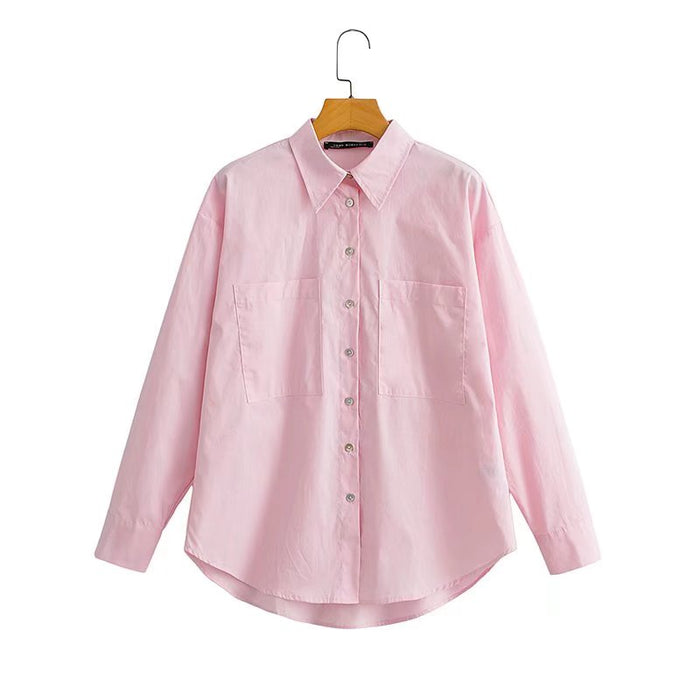 Color-Pink-Spring Fall Women Clothing Office Casual Solid Pink Green Shirt-Fancey Boutique