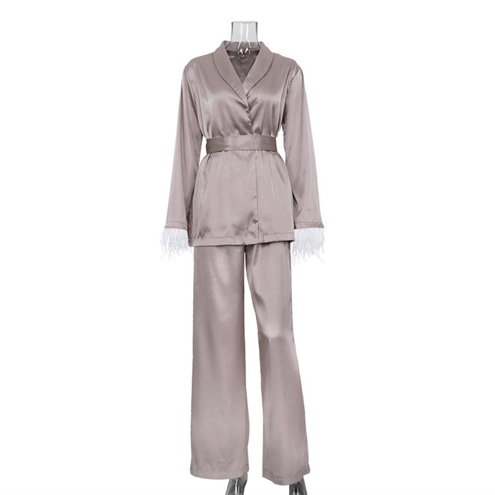 Women Clothing Casual Lazy Suit French Feather Long Sleeve Lace up Satin Two Piece Set-Dark Khaki-Fancey Boutique