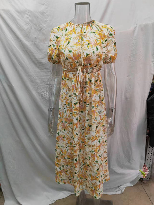 Women Waist Revealing Long Dress Printed Short Sleeve Puff Sleeve Dress-Fancey Boutique