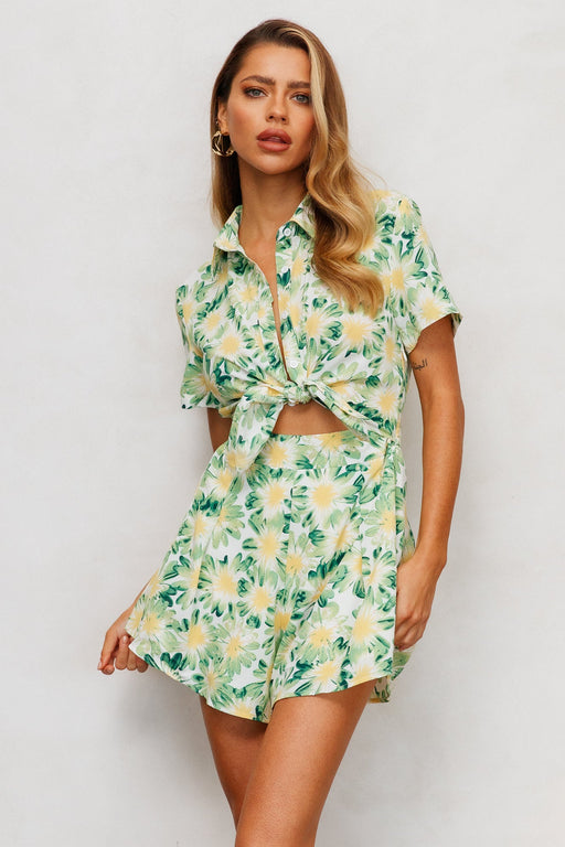 Color-Green-Women Summer Vacation Floral Short Sleeve Tie Rompers-Fancey Boutique