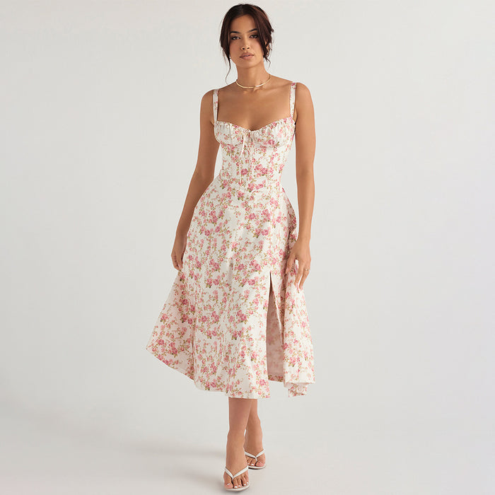 Women Clothing Sexy Backless Slim Fit Strap Dress Vacation Floral Split Mid Length Dress-Fancey Boutique