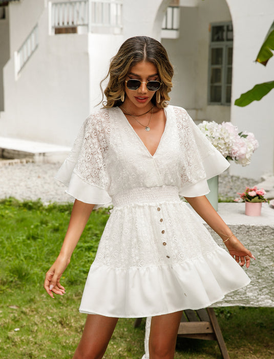 Women Spring Summer New Bohemian Vacation Lace Mosaic Bat Sleeve Dress-Fancey Boutique