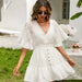Women Spring Summer New Bohemian Vacation Lace Mosaic Bat Sleeve Dress-White-Fancey Boutique