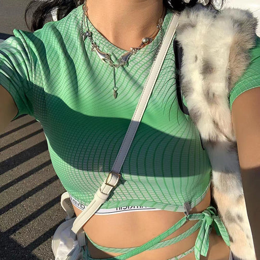 Color-Green-Autumn Popular Striped Printed Lace Up Cropped Cropped T Shirt Women Clothing-Fancey Boutique