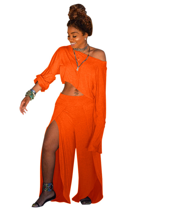 Color-Orange-Women Wear Sexy One Shoulder Long Sleeve Solid Color Casual Slit Blouse Pants Club Wear-Fancey Boutique