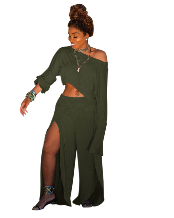 Color-Green-Women Wear Sexy One Shoulder Long Sleeve Solid Color Casual Slit Blouse Pants Club Wear-Fancey Boutique