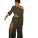 Color-Green-Women Wear Sexy One Shoulder Long Sleeve Solid Color Casual Slit Blouse Pants Club Wear-Fancey Boutique