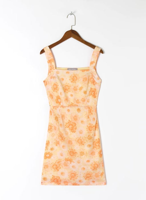Color-Orange-Summer Sleeveless Sheath Dress French Retro Square Collar Printed Wide Shoulder Strap Slim Fit Slimming Cami Dress-Fancey Boutique