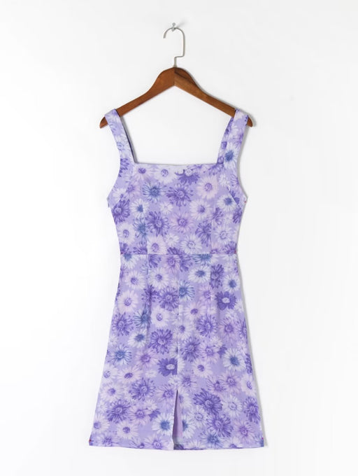 Color-Purple-Summer Sleeveless Sheath Dress French Retro Square Collar Printed Wide Shoulder Strap Slim Fit Slimming Cami Dress-Fancey Boutique