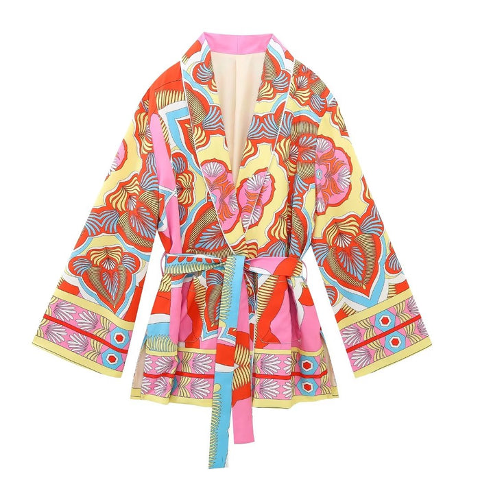 Early Autumn Women Clothing With Belt Printed Kimono Jacket Sling Casual Pants Set-Fancey Boutique