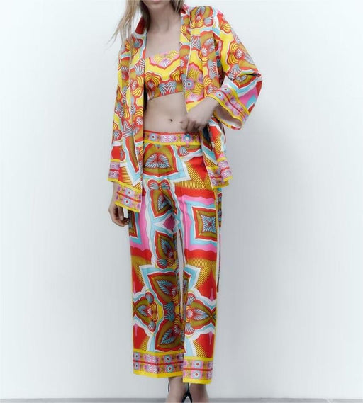 Early Autumn Women Clothing With Belt Printed Kimono Jacket Sling Casual Pants Set-Fancey Boutique