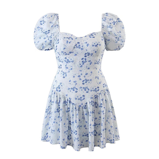 Women Floral Dress Puff Sleeves Summer Sweet Spicy Waist Tight off Shoulder Short-Blue-Fancey Boutique