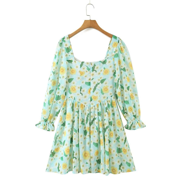 Autumn Pastoral Square Collar Sunflower Printed Long Sleeve Dress Waist Tight-Fancey Boutique