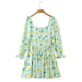 Autumn Pastoral Square Collar Sunflower Printed Long Sleeve Dress Waist Tight-Fancey Boutique