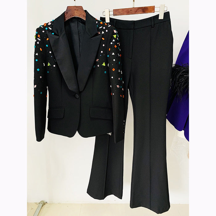 Color-Black-Goods Heavy Industry Beads Colorful Crystals Slim Fit Blazer Bootcut Pants Blazer Suit Set Two Pieces-Fancey Boutique
