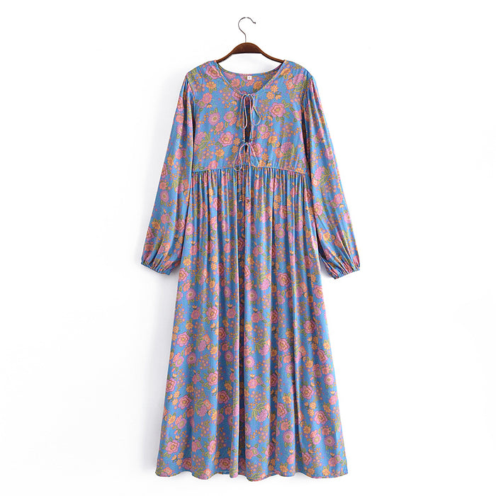 Color-Blue-Spring Summer Rayon Positioning Floral Tassel Long Sleeve Dress-Fancey Boutique