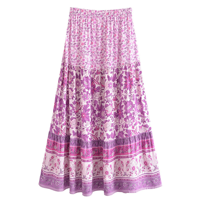 Color-Purple-Autumn Casual Women Printed Elastic Waist Loose Maxi Dress Skirt-Fancey Boutique