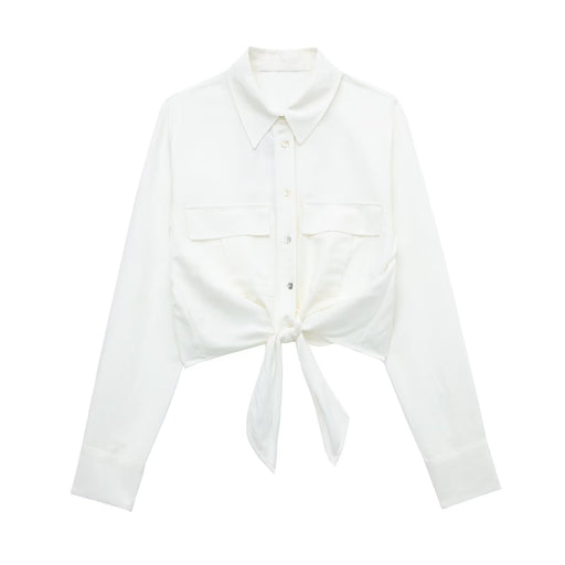 Color-White-Women Clothing Polo Collar Solid Color Double Pocket Decorative Knotted Short Long Sleeve Shirt-Fancey Boutique