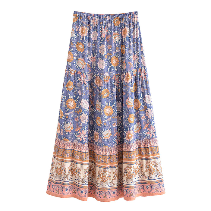 Color-Blue Printed Skirt-Early Winter Women Positioning Floral Elastic Waist Mid Length Skirt-Fancey Boutique