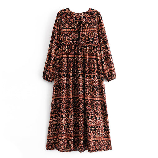 Color-Brown-Bohemian Vacation Positioning Printing Loose Big Hem Long Sleeve Dress Long-Fancey Boutique
