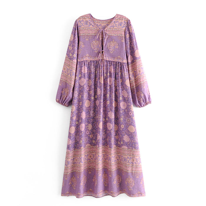 Color-Purple-Autumn Women Clothing Rayon Positioning Floral Long Sleeve Loose Dress-Fancey Boutique