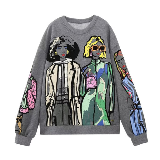 Color-Coal Gray-Autumn Winter Thin Velvet Printed Casual Sweatshirt Women-Fancey Boutique