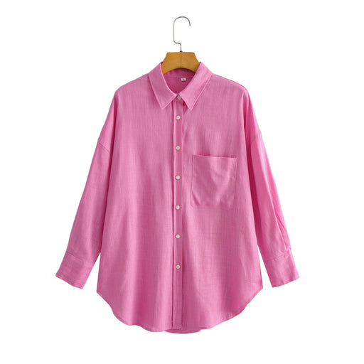 Color-Pink-Spring Summer Cotton Linen Long Sleeve Shirt-Fancey Boutique