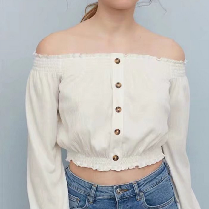 Slim Fit Elastic off Shoulder Wooden Ear White Cropped Shirt Top-Fancey Boutique