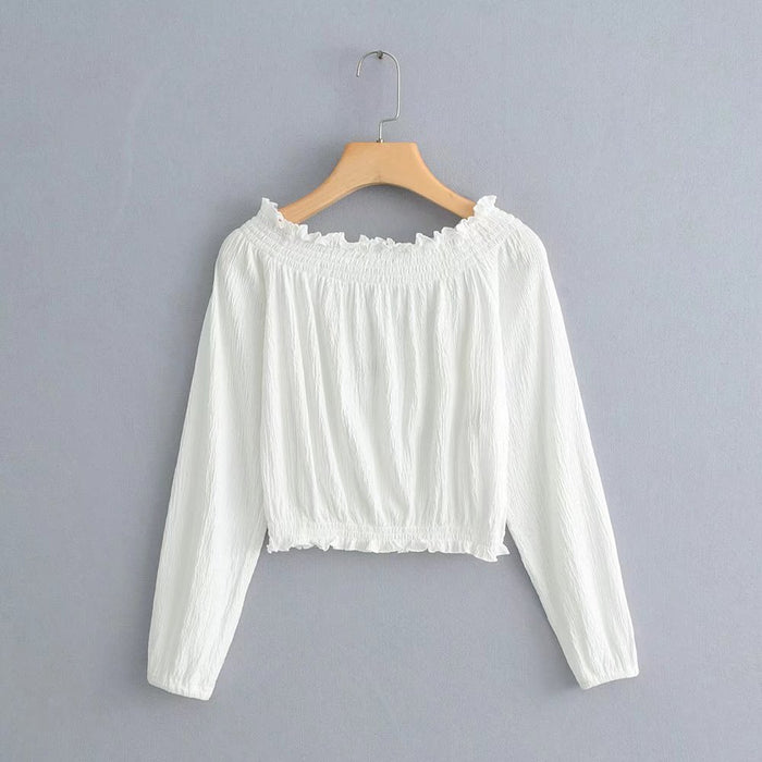 Slim Fit Elastic off Shoulder Wooden Ear White Cropped Shirt Top-Fancey Boutique