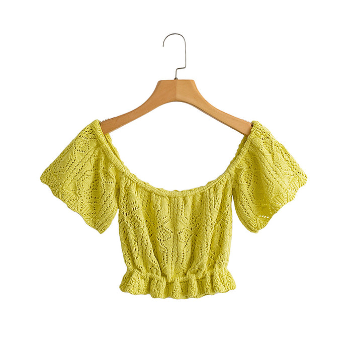Color-Spring Women Jacquard Hollow Out Cutout off Shoulder Sexy Knitted Top-Fancey Boutique