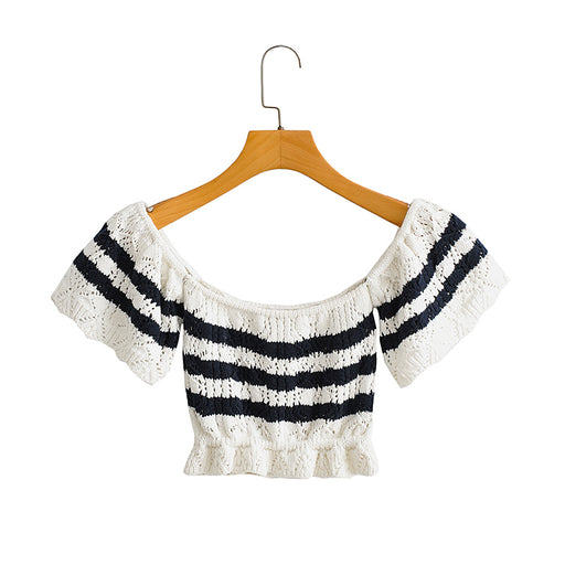 Color-White-Spring Women Jacquard Hollow Out Cutout off Shoulder Sexy Knitted Top-Fancey Boutique