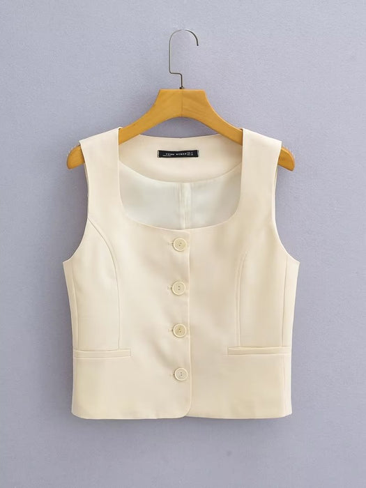 Color-Ivory-Early Autumn Women Clothing Square Collar Solid Color Single Breasted Sleeveless Waistcoat Vest-Fancey Boutique