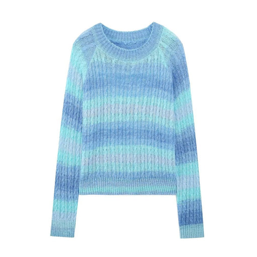 Color-Blue-Retro Soft Glutinous Pullover Sweater Autumn Winter Rainbow Gradient Color Loose Long Sleeve round Neck Knitted Top Thick-Fancey Boutique