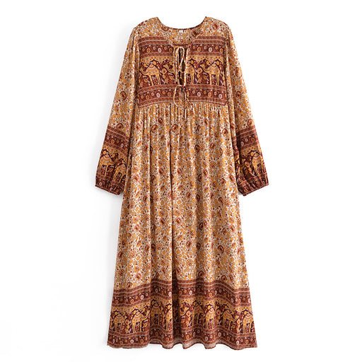 Color-Brown-Spring Women Positioning Floral Tassel Long Sleeve Dress-Fancey Boutique