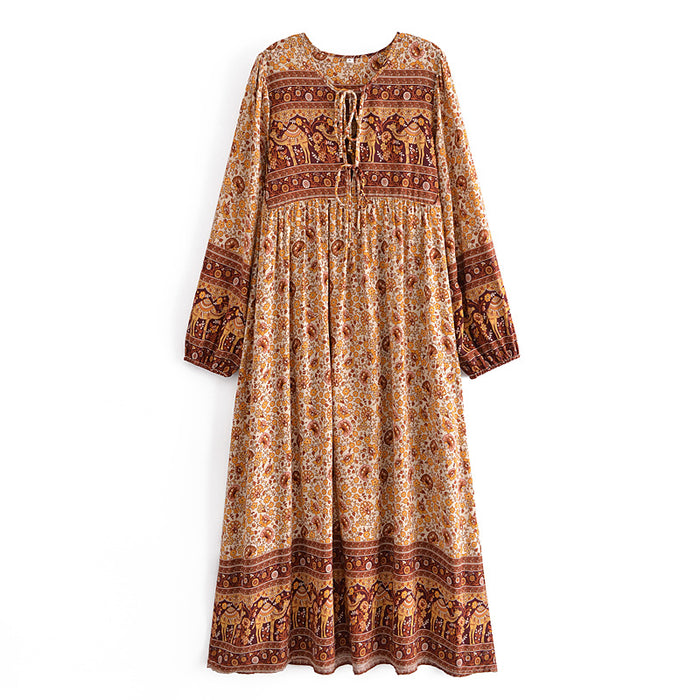 Color-Brown-Spring Women Positioning Floral Tassel Long Sleeve Dress-Fancey Boutique