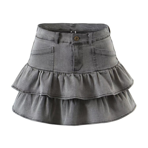 Summer Sexy High Waist Denim Skirt Retro Design Wooden Ear Puffy Cake A line Miniskirt-Multi-Fancey Boutique