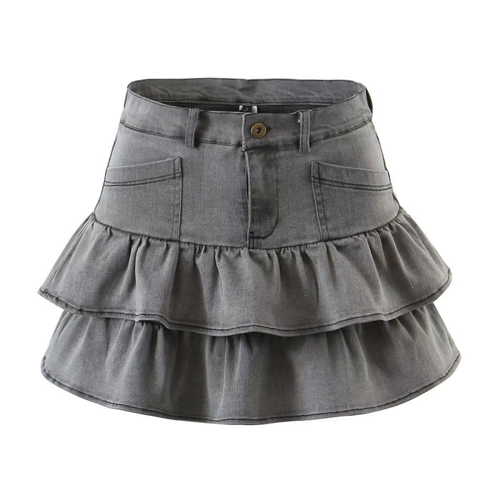 Summer Sexy High Waist Denim Skirt Retro Design Wooden Ear Puffy Cake A line Miniskirt-Multi-Fancey Boutique