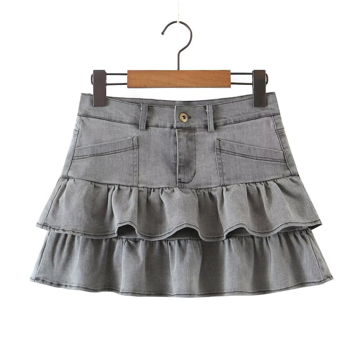 Summer Sexy High Waist Denim Skirt Retro Design Wooden Ear Puffy Cake A line Miniskirt-Fancey Boutique