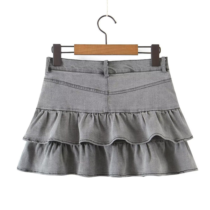 Summer Sexy High Waist Denim Skirt Retro Design Wooden Ear Puffy Cake A line Miniskirt-Fancey Boutique