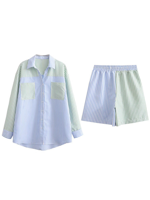 Color-Multi-Spring Women Clothing Light Blue Light Green Striped Two Piece Set Shirt-Fancey Boutique