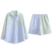 Color-Multi-Spring Women Clothing Light Blue Light Green Striped Two Piece Set Shirt-Fancey Boutique