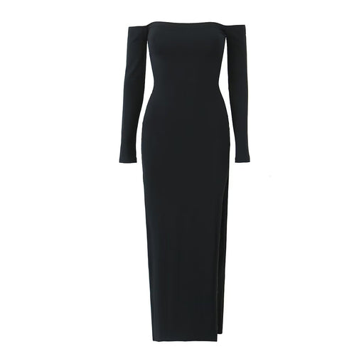 Color-Black-Basic Square Collar Slit Knitted Dress Elegant Slim Solid Color Dress-Fancey Boutique
