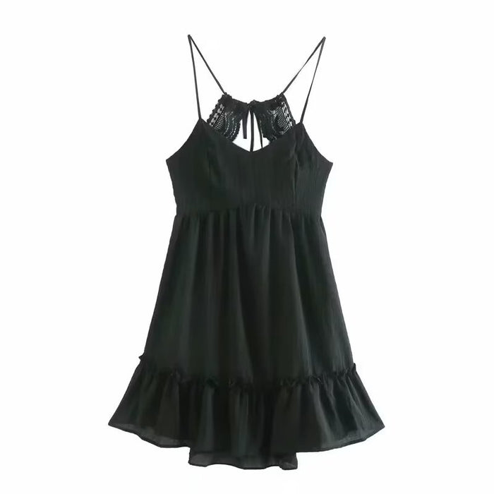 Summer Women Sling Bubble Plaid Back Lace Backless Cami Dress Short Dress-Black-Fancey Boutique