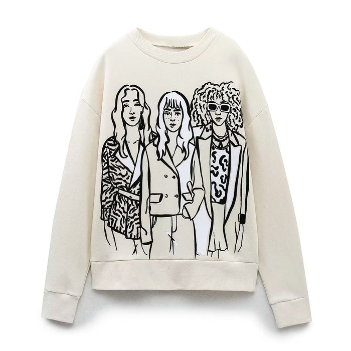 Women Clothing Round Neck Girl Printed Long Sleeve Casual Pullover-White-Fancey Boutique